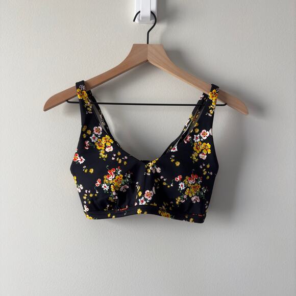 Aerie Offline Goals Plunge Sports Bra True Black Floral Mesh Back Strappy Active - Picture 3 of 15